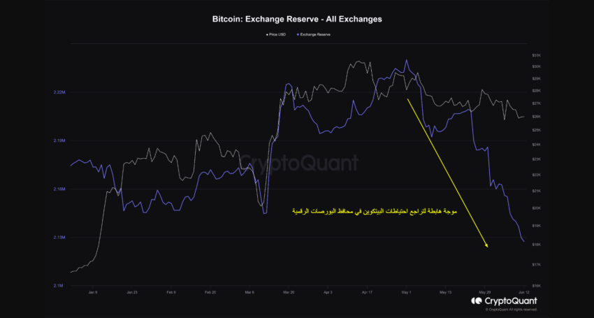 كمية البيتكوين في محافظ بورصات تداول العملات الرقمية